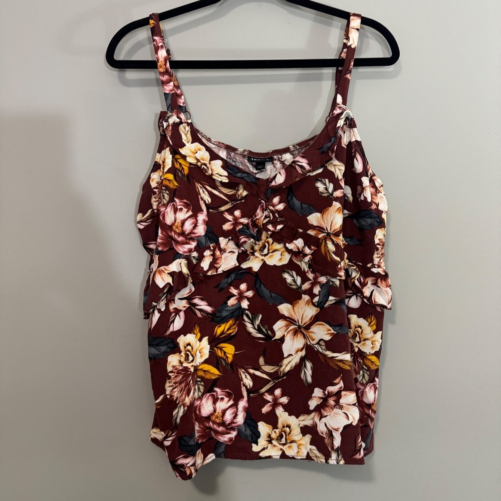 Torrid Burgundy Floral Ruffle V-Neck Camisole Tank Top Adjustable Straps Size 1